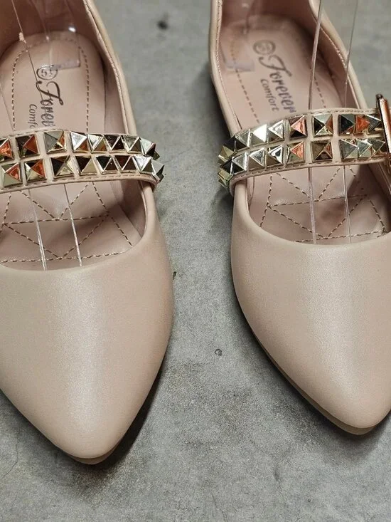 Studded Metallic Strap Beige Pointed-Toe Flats For Girls - Comfortable & Stylish - Picture 2 of 10